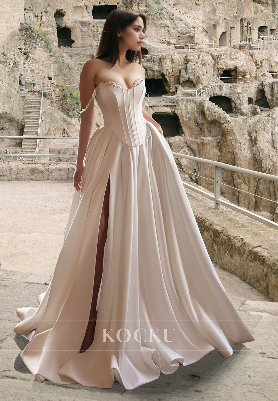 Distinctive Sweetheart Mermaid Sleeveless Satin Beaded Boho Wedding Gowns with Detachable Overskirt