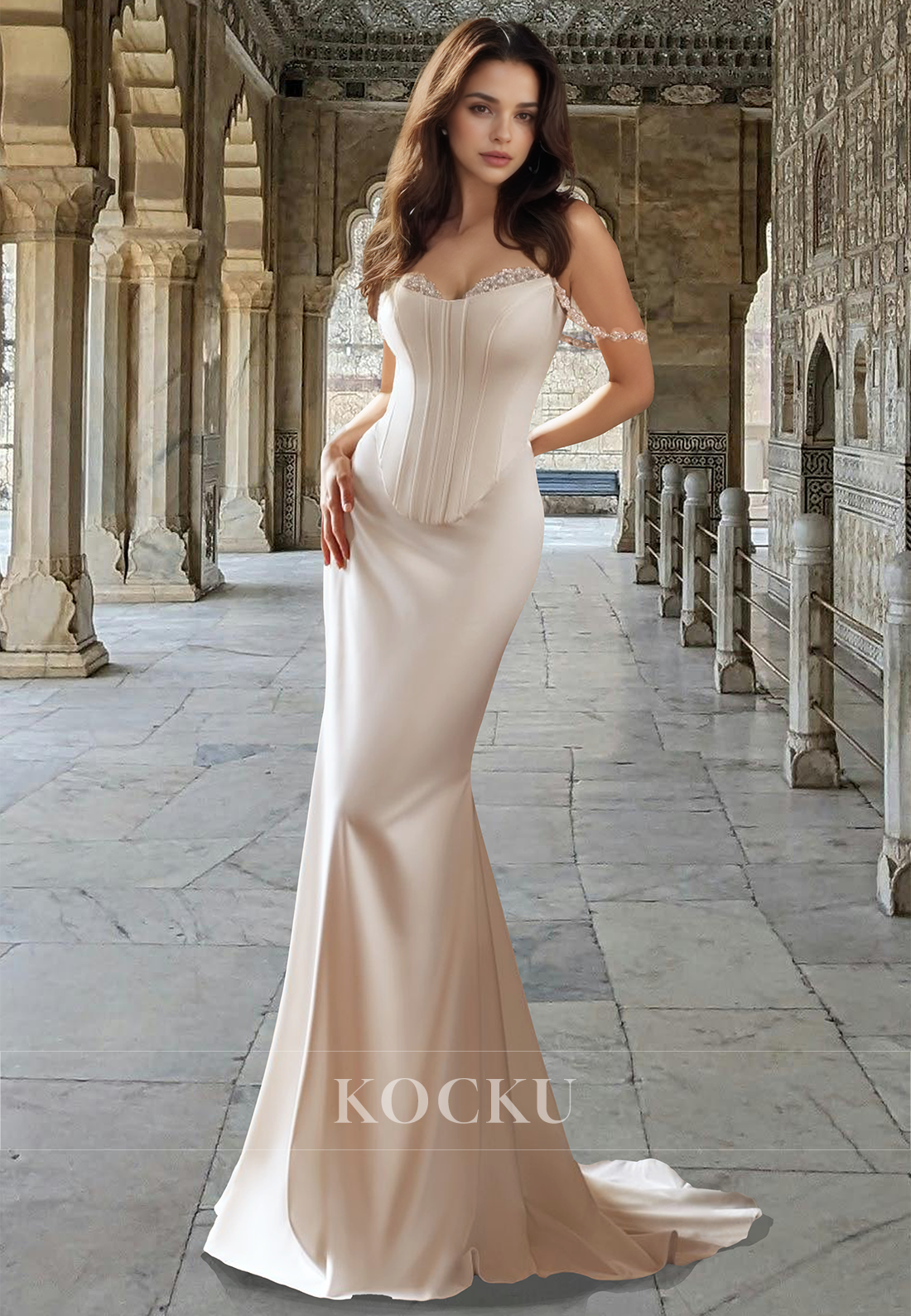 Distinctive Sweetheart Mermaid Sleeveless Satin Beaded Boho Wedding Gowns with Detachable Overskirt