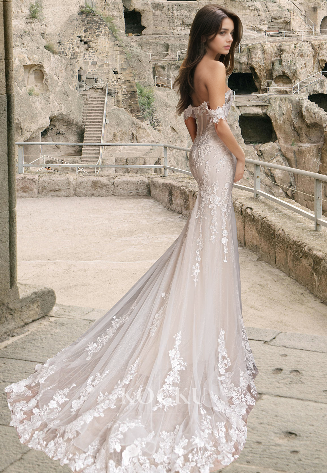 Beaded Mermaid Off Shoulder Sweep Train Pleats Lace Wedding Dress with Appliques