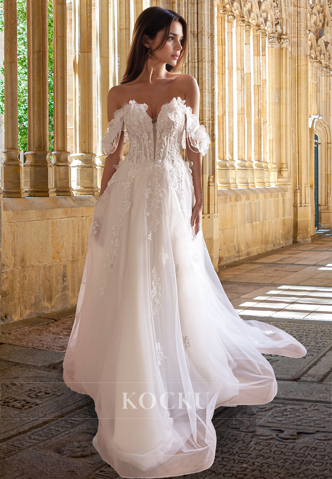Bohemian A-Line Off Shoulder Sweep Train Appliques Lace Floral Wedding Dress with Beaded