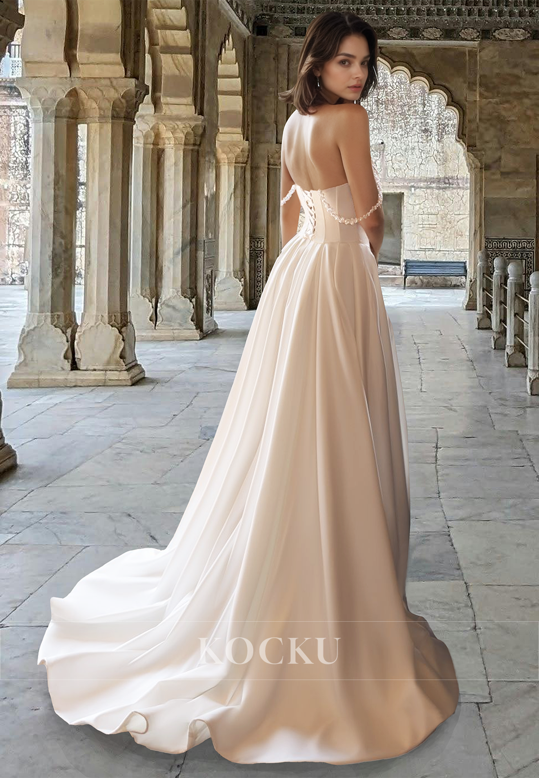 Distinctive Sweetheart Mermaid Sleeveless Satin Beaded Boho Wedding Gowns with Detachable Overskirt