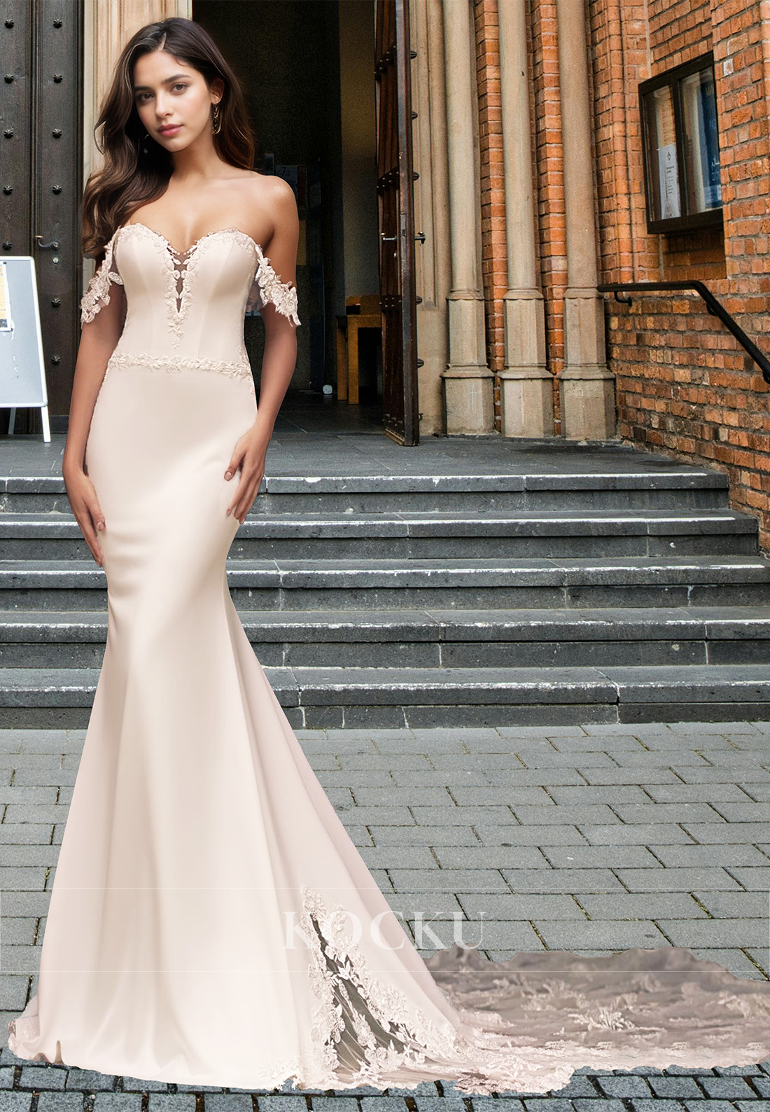 Glamorous Off Shoulder Sweetheart Mermaid Appliques Satin Bridal Gowns with Train