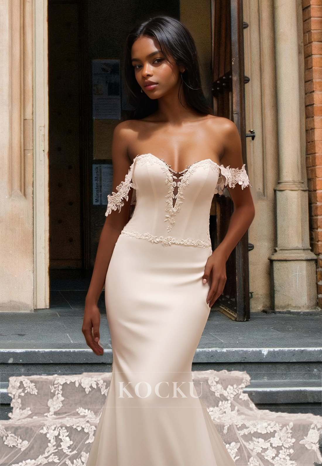 Glamorous Off Shoulder Sweetheart Mermaid Appliques Satin Bridal Gowns with Train