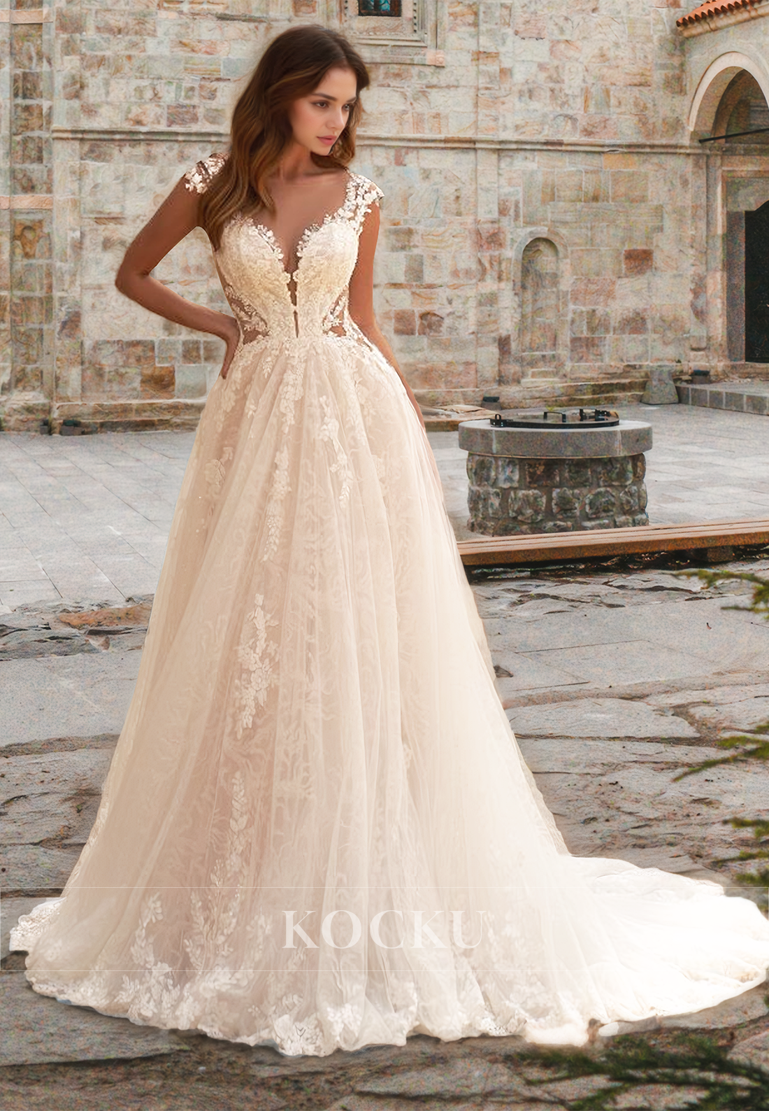 Romantic Cap Sleeves A-Line V-Neck Appliques Pleats Lace Boho Wedding Dress with Train