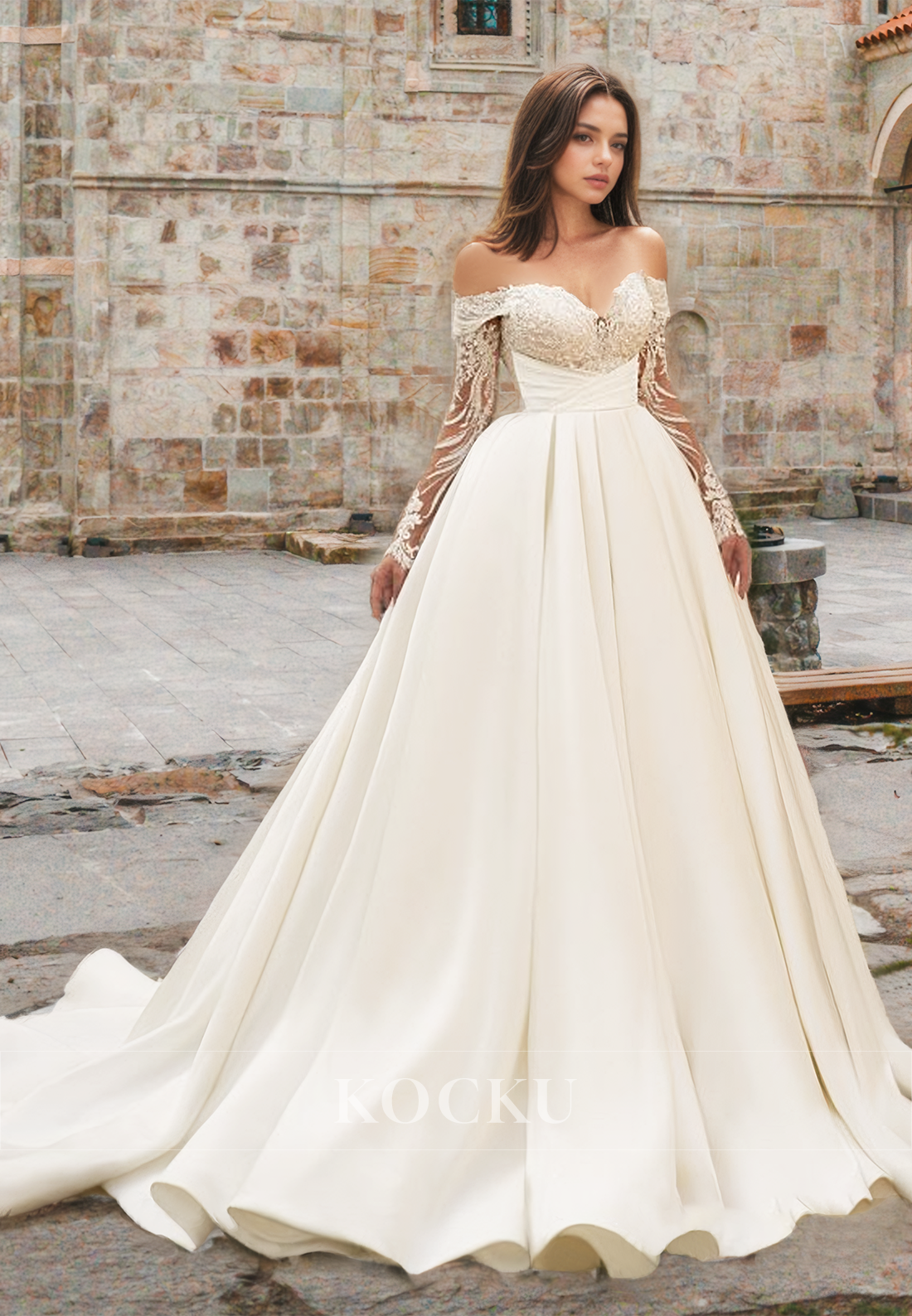 Elegant A-Line Long Sleeves Sweetheart Sweep Train Satin Wedding Dress with Appliques