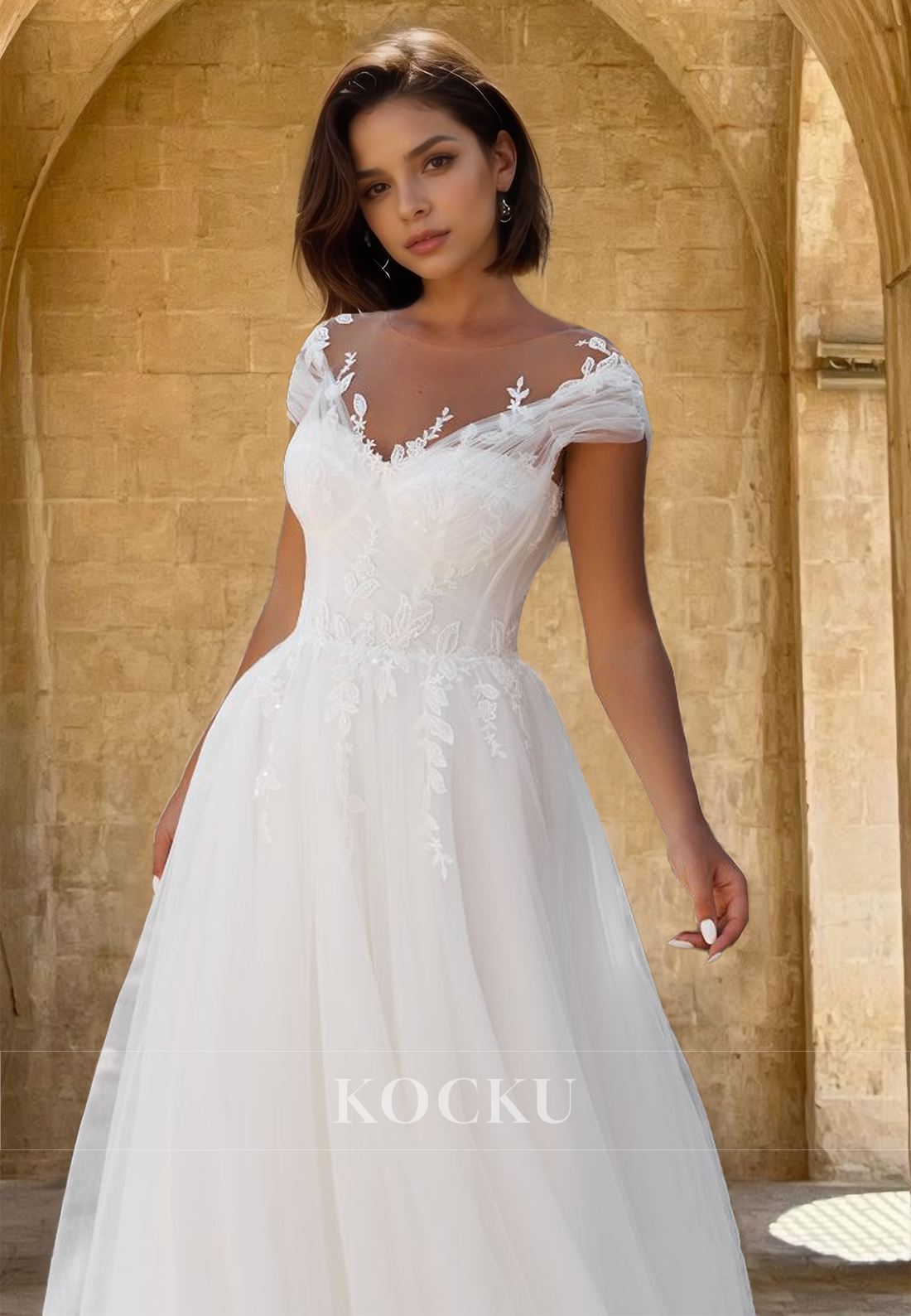 Gorgeous A-Line Cap Sleeves Lace Appliques Pleats Bridal Gowns with Train Wedding Dress