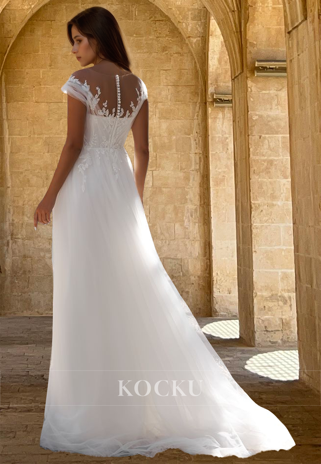 Gorgeous A-Line Cap Sleeves Lace Appliques Pleats Bridal Gowns with Train Wedding Dress