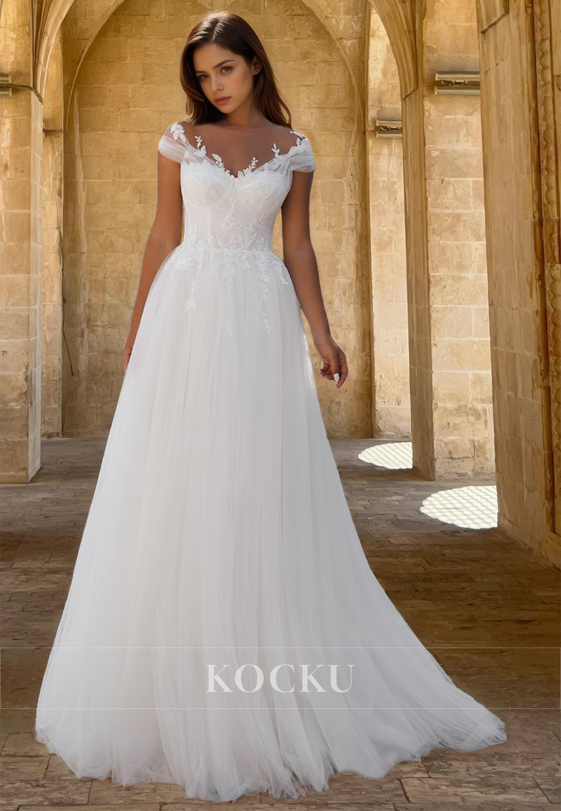 Gorgeous A-Line Cap Sleeves Lace Appliques Pleats Bridal Gowns with Train Wedding Dress