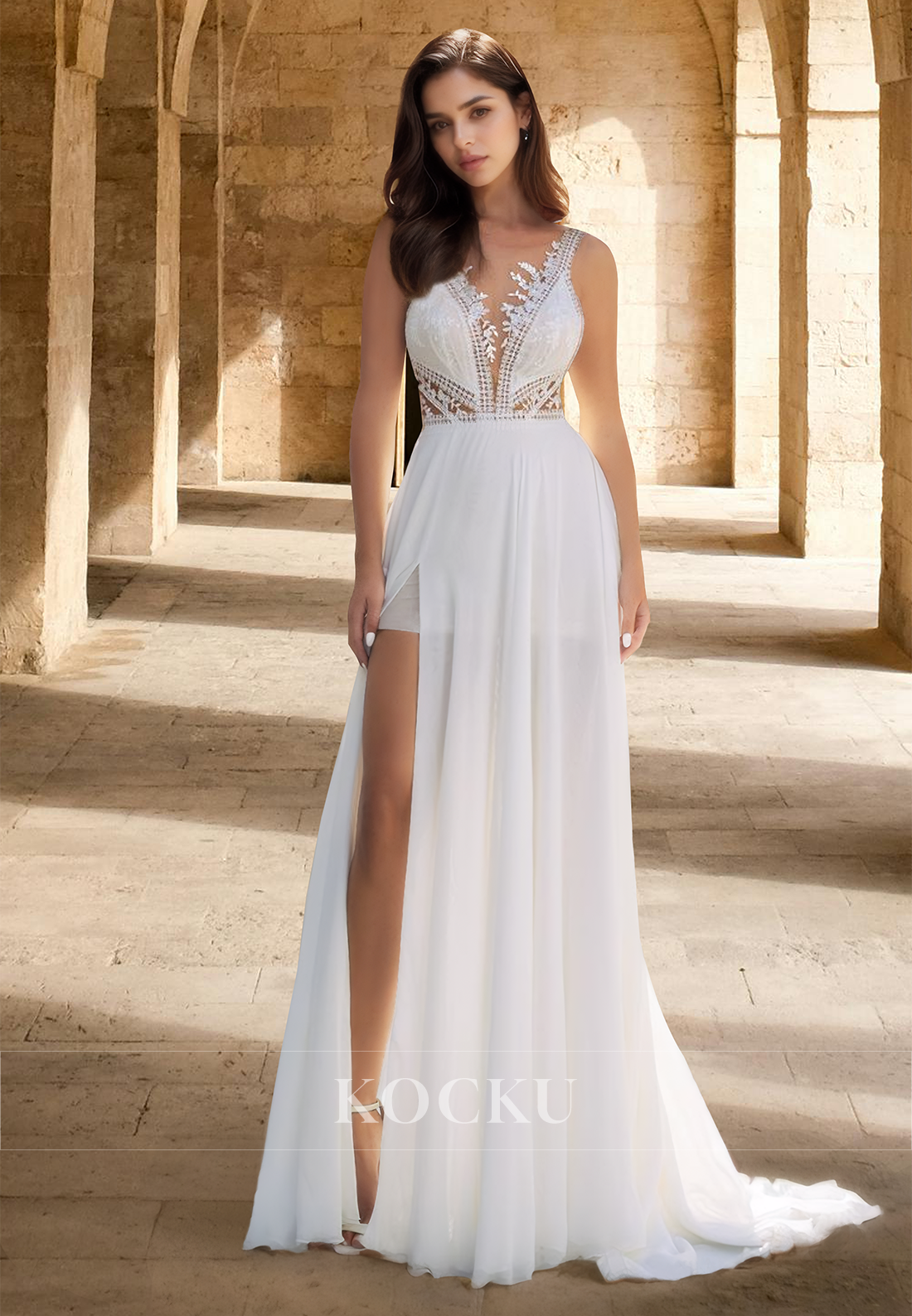 Sexy A-Line V-Neck Straps High Slit Lace Beach Wedding Dress with Appliques Boho Gown
