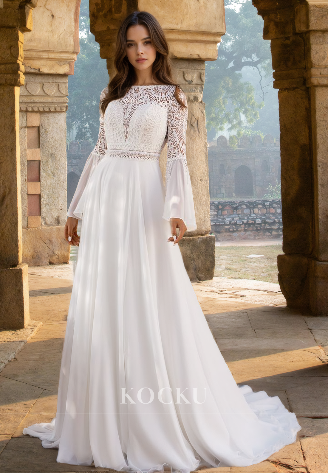 Classic A-Line Long Sleeves Backless Chiffon Appliques Beach Wedding Dress Boho Gowns
