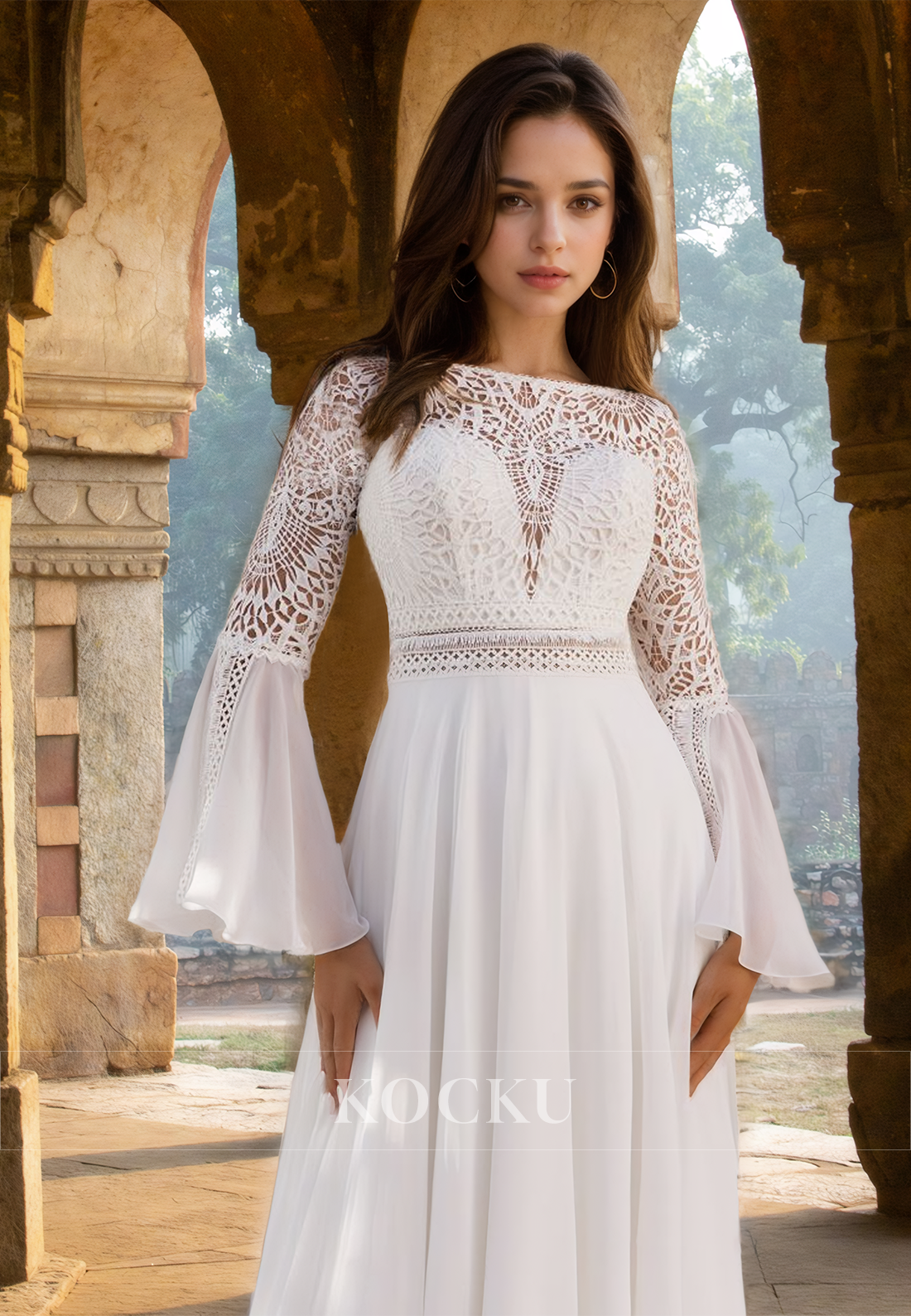 Classic A-Line Long Sleeves Backless Chiffon Appliques Beach Wedding Dress Boho Gowns