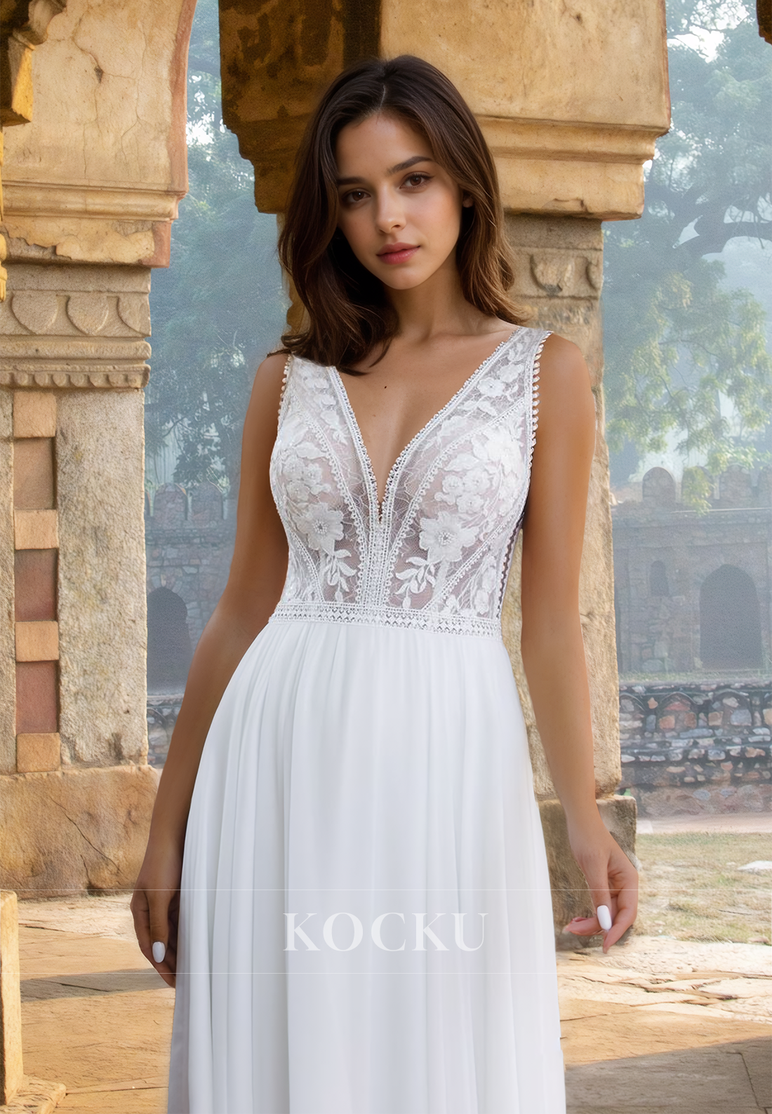 Classic A-Line V-Neck Straps Appliques Lace Pleated Wedding Dress with Train Bridal Gown