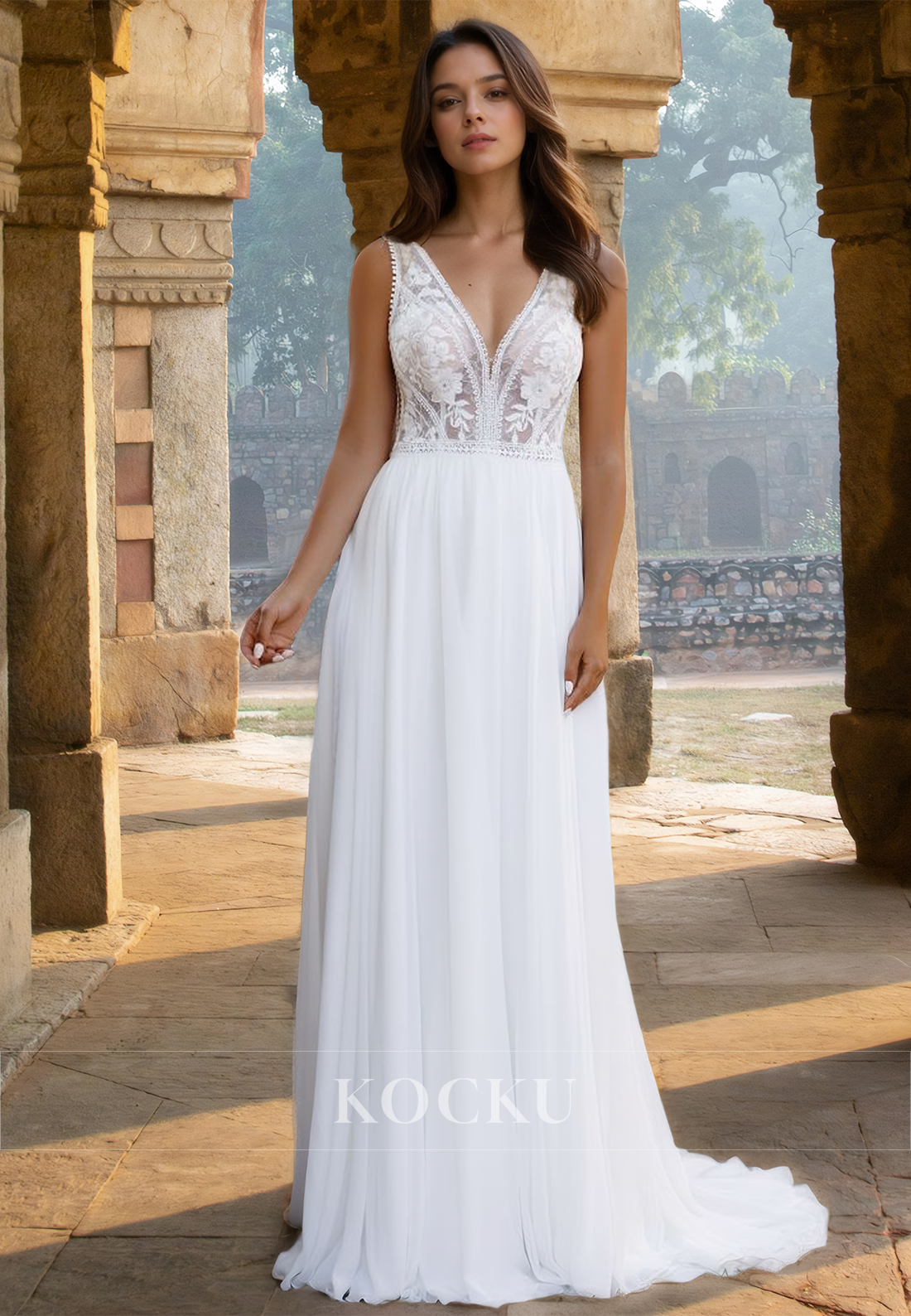 Classic A-Line V-Neck Straps Appliques Lace Pleated Wedding Dress with Train Bridal Gown