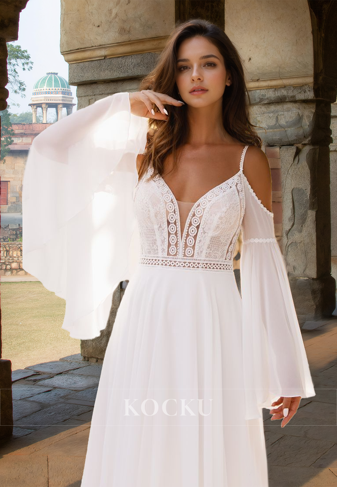 Glamorous A-Line V-Neck Long Sleeves Appliques Lace Boho Wedding Dress Bridal Gown with Train