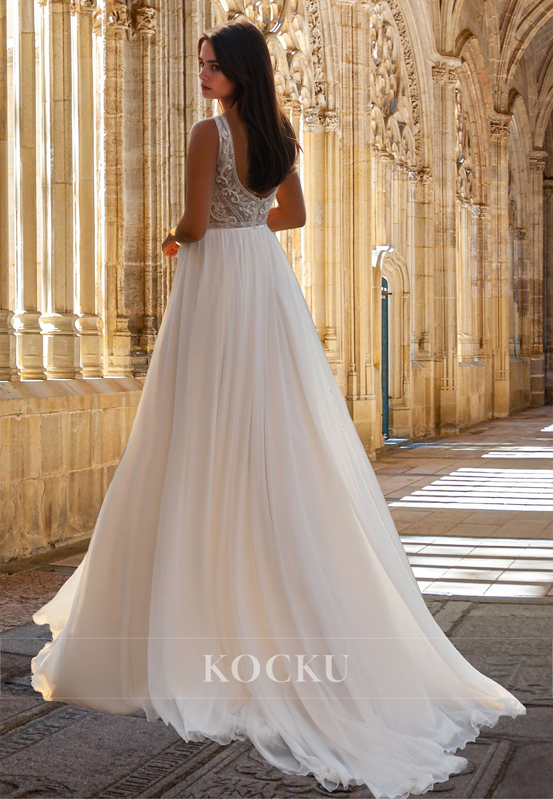 Bohemian A-Line V-Neck Straps Sleeveless Long Beach Wedding Dress with Appliques