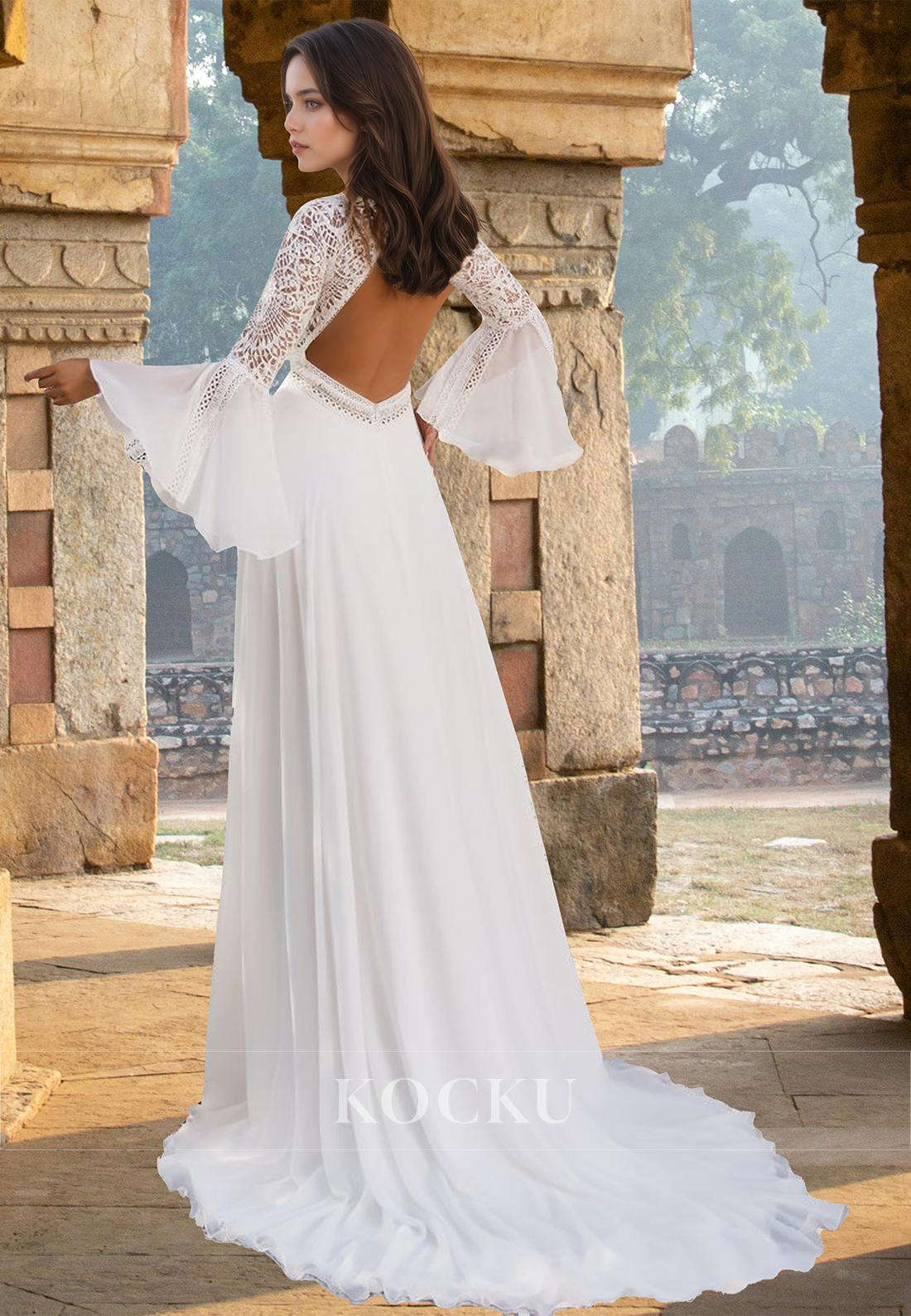 Classic A-Line Long Sleeves Backless Chiffon Appliques Beach Wedding Dress Boho Gowns