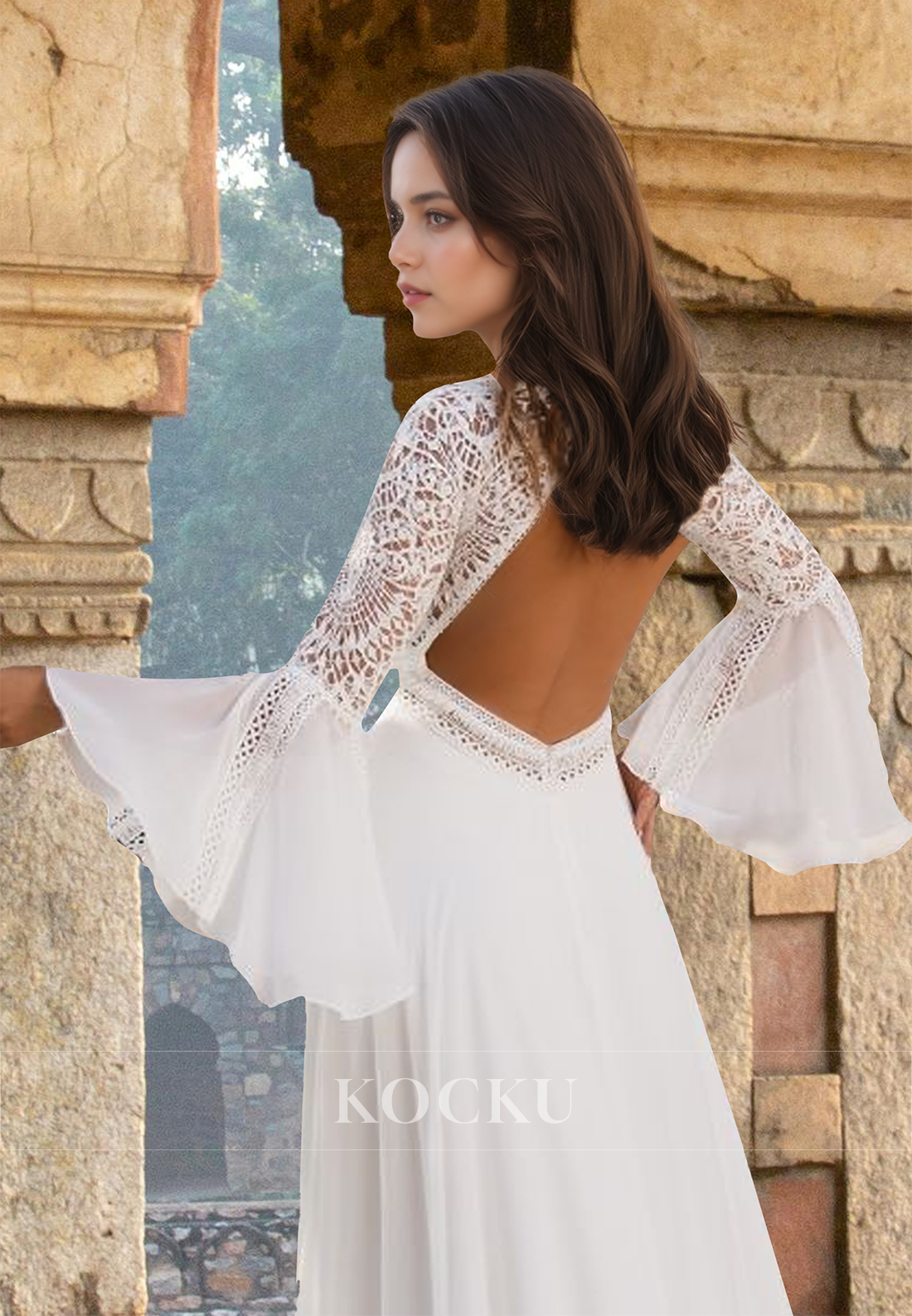 Classic A-Line Long Sleeves Backless Chiffon Appliques Beach Wedding Dress Boho Gowns