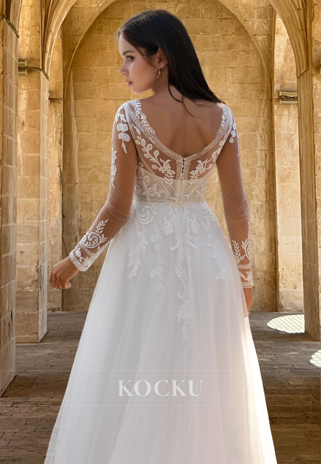 Graceful Long Sleeves A-Line V-Neck Long Lace Pleats Wedding Dress with Appliques Boho Gown