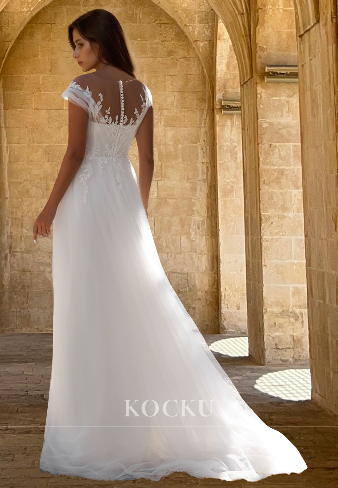 Gorgeous A-Line Cap Sleeves Lace Appliques Pleats Bridal Gowns with Train Wedding Dress