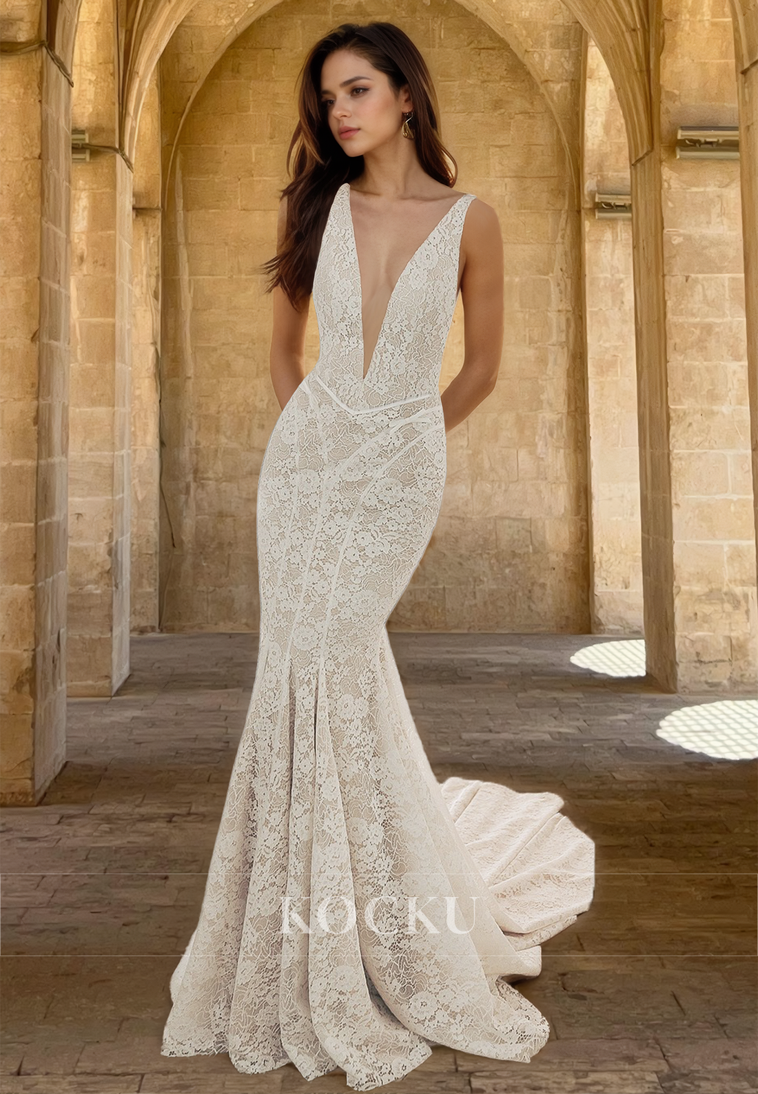 Deep V-Neck Straps Mermaid Beach Wedding Dress with Fully Appliques Boho Gowns