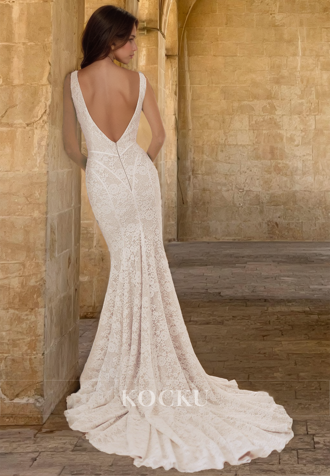Deep V-Neck Straps Mermaid Beach Wedding Dress with Fully Appliques Boho Gowns