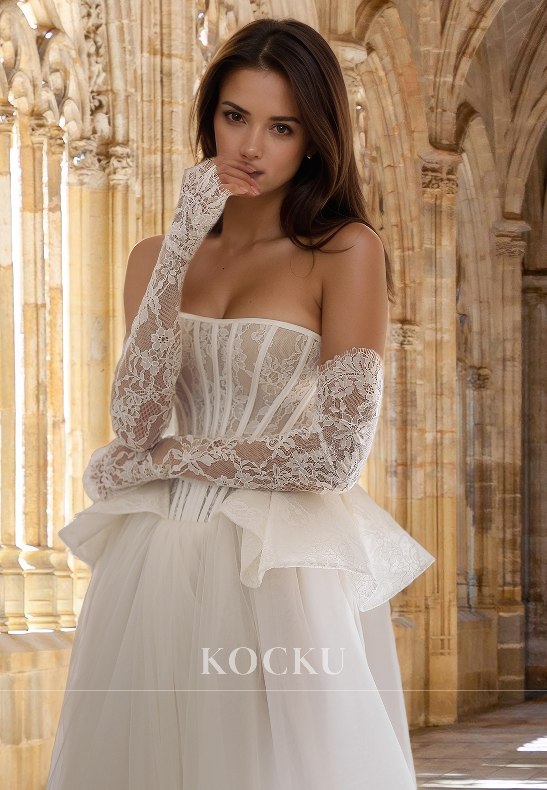 Charming A-Line Tube Top Sleeves Stripe Lace Wedding Dress Boho Gowns with Appliques