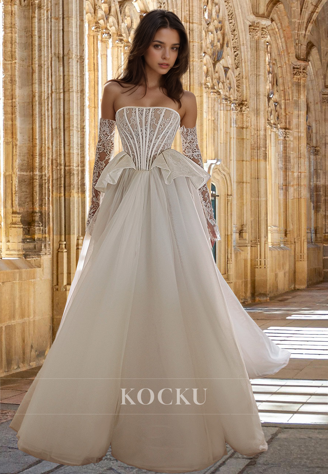 Charming A-Line Tube Top Sleeves Stripe Lace Wedding Dress Boho Gowns with Appliques