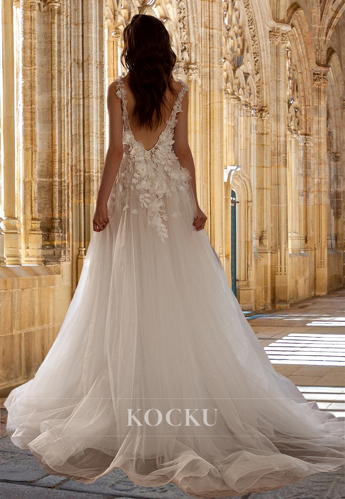 Bohemian A-Line V-Neck Straps Floral Lace Long Beach Wedding Dress with Beaded