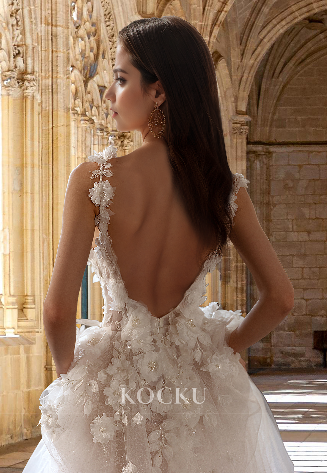 Bohemian A-Line V-Neck Straps Floral Lace Long Beach Wedding Dress with Beaded