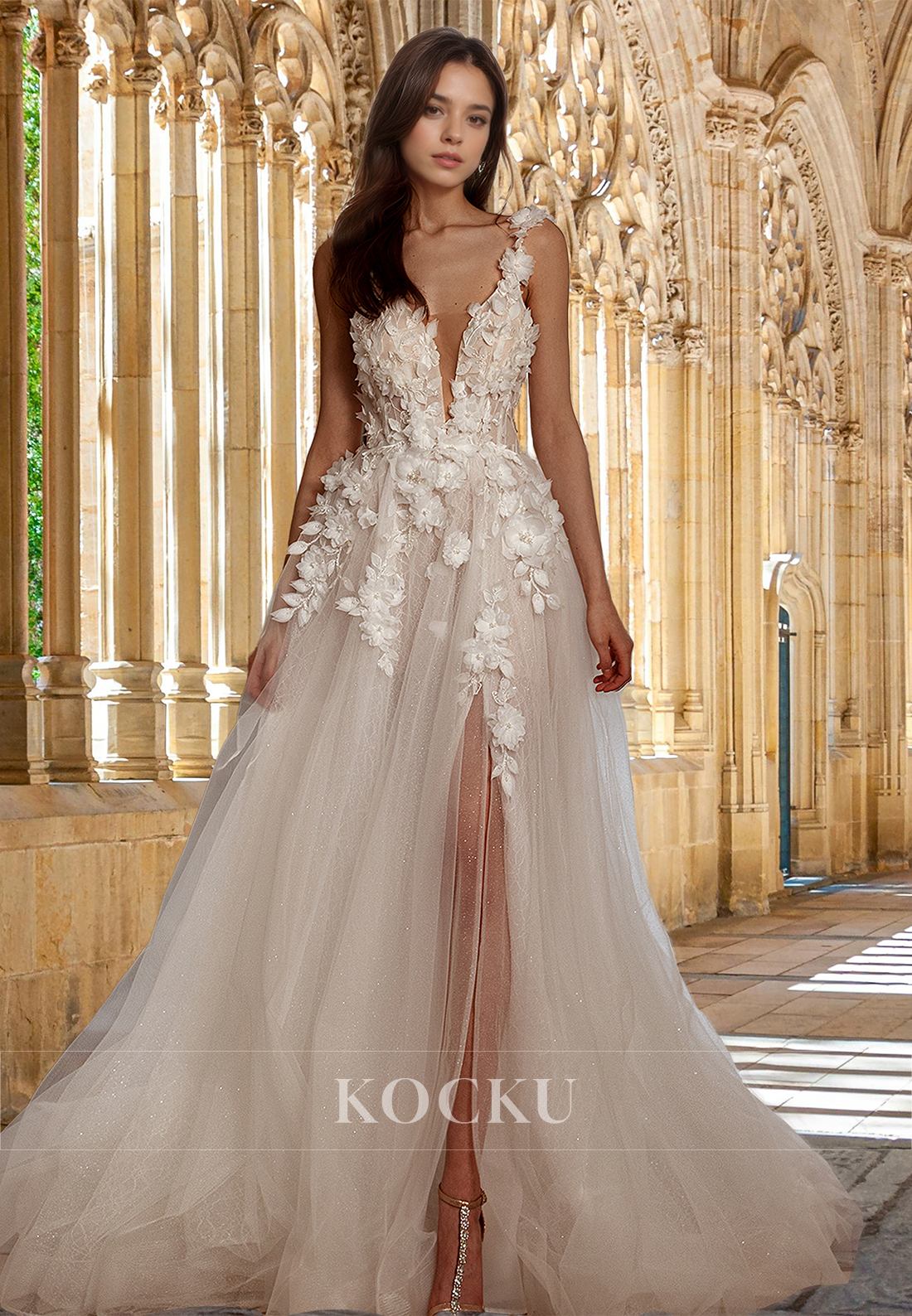 Bohemian A-Line V-Neck Straps Floral Lace Long Beach Wedding Dress with Beaded