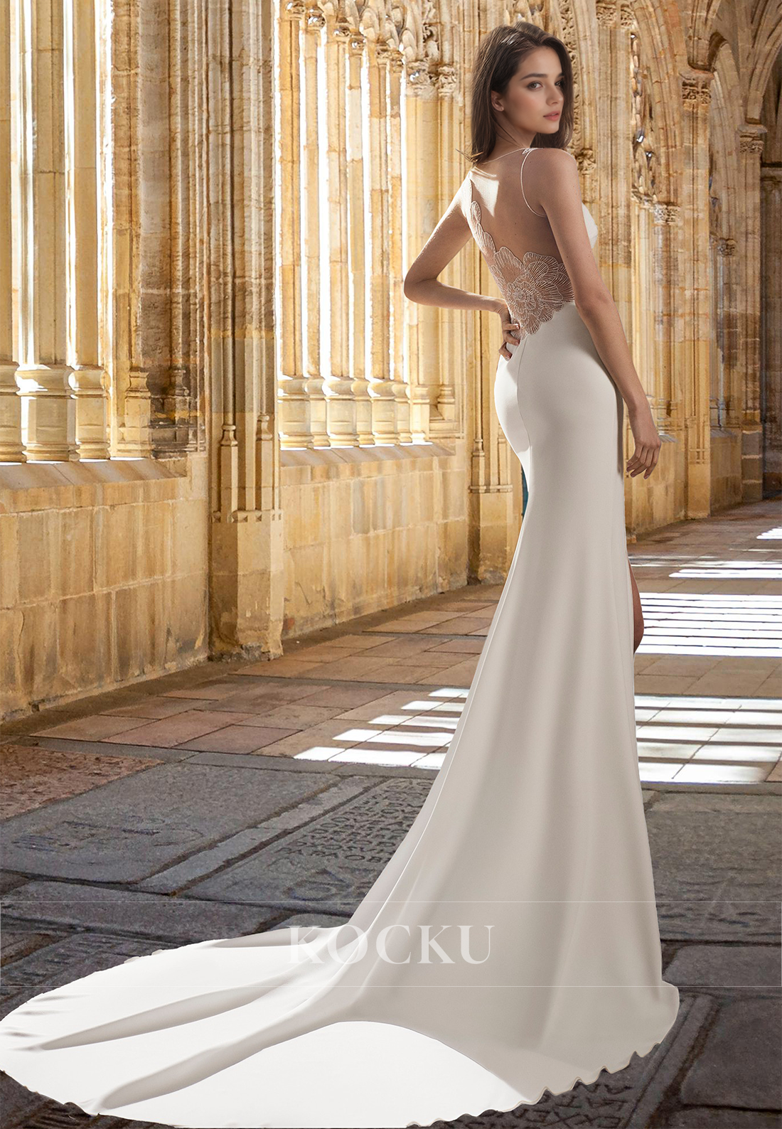 Elegant V-Neck Straps Fitted Satin Applique Beach Wedding Dress Boho Gown with Slit
