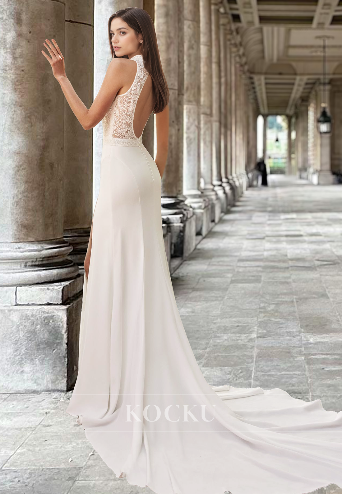 Bohemian High Neck Sleeveless Side Slit Sheath Beach Wedding Dress with Appliques