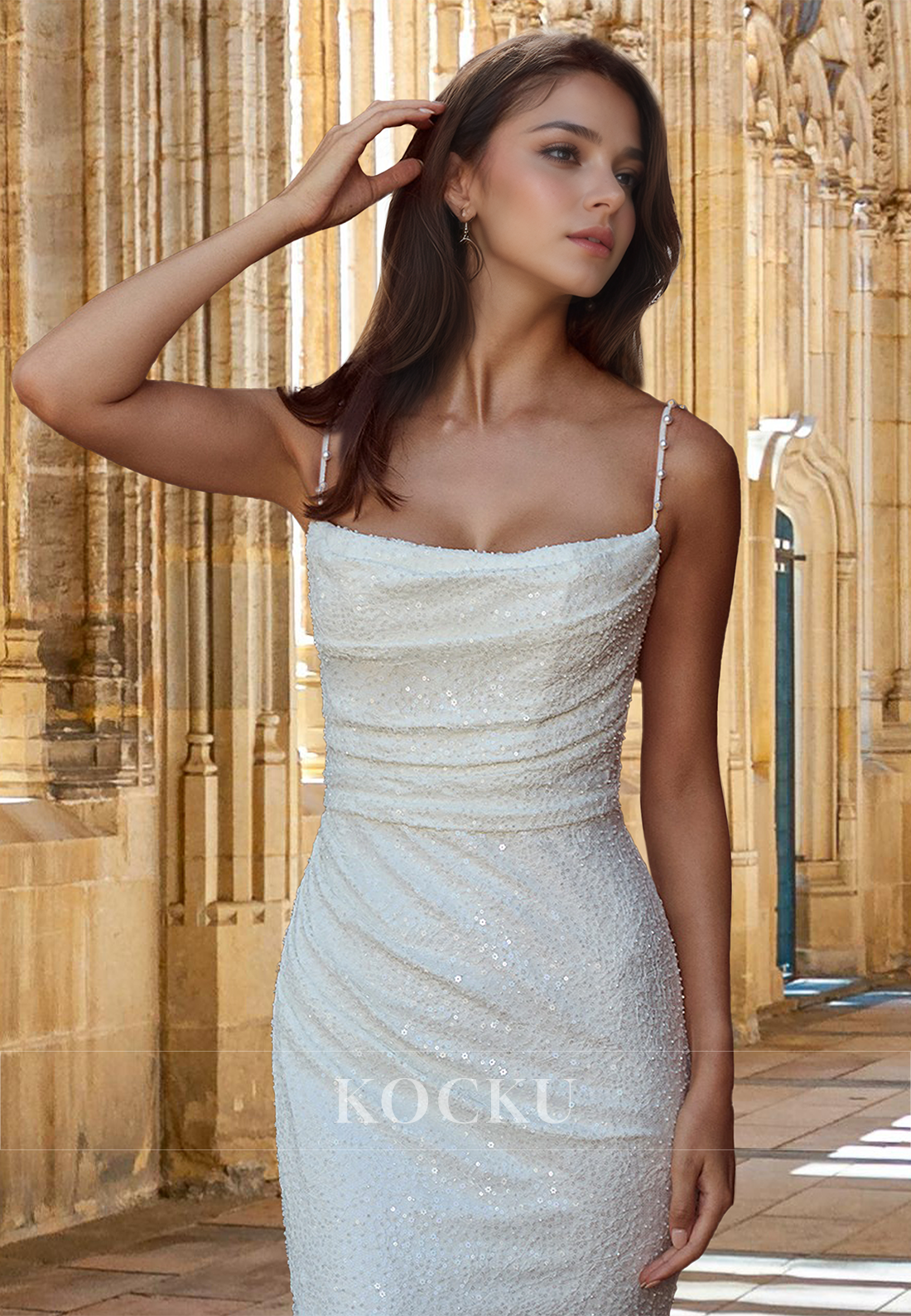 Striking Beaded Sequin Wedding Dress Spaghetti Straps Sheath Bridal Gown with Train