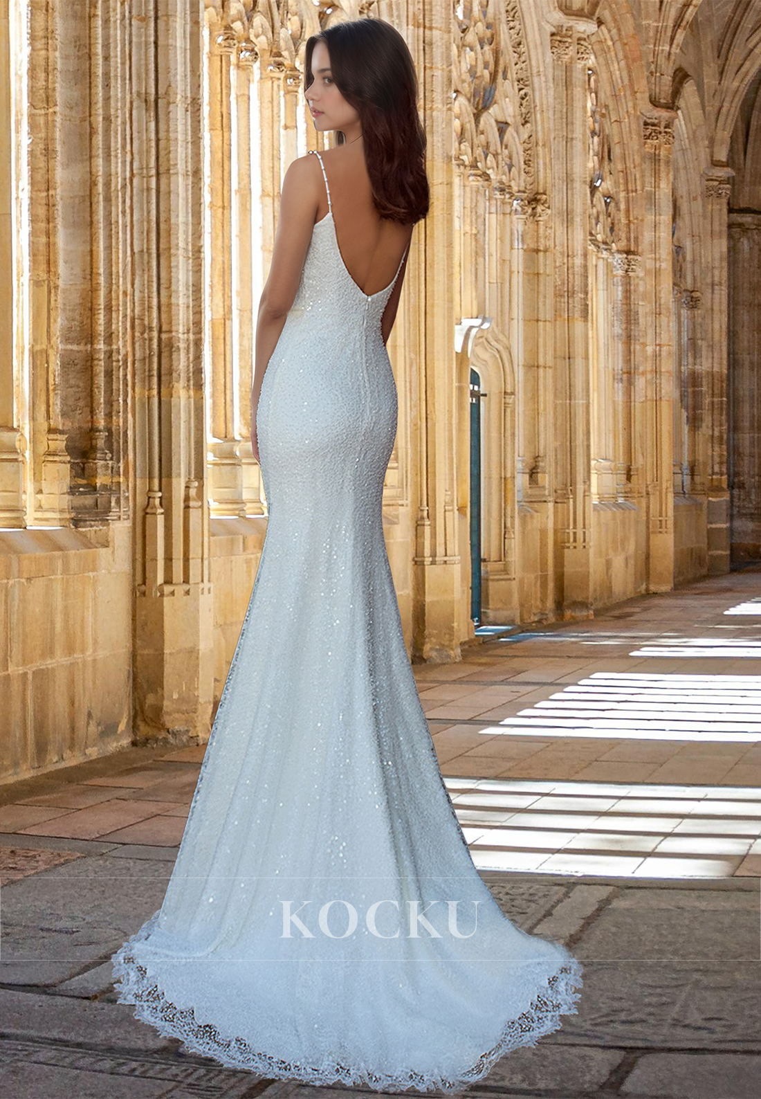 Striking Beaded Sequin Wedding Dress Spaghetti Straps Sheath Bridal Gown with Train