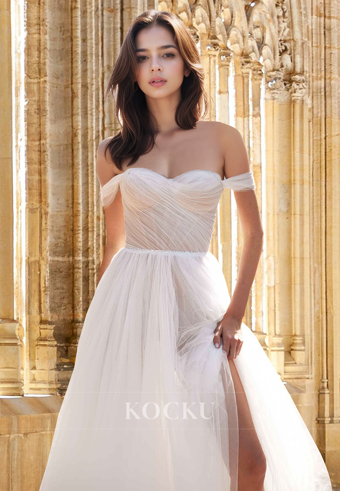Bohomian Off-Shoulder A-Line Ruched Lace Long Beach Wedding Dress with Slit