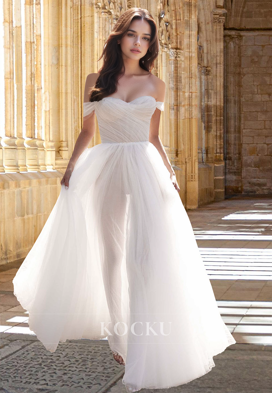 Bohomian Off-Shoulder A-Line Ruched Lace Long Beach Wedding Dress with Slit