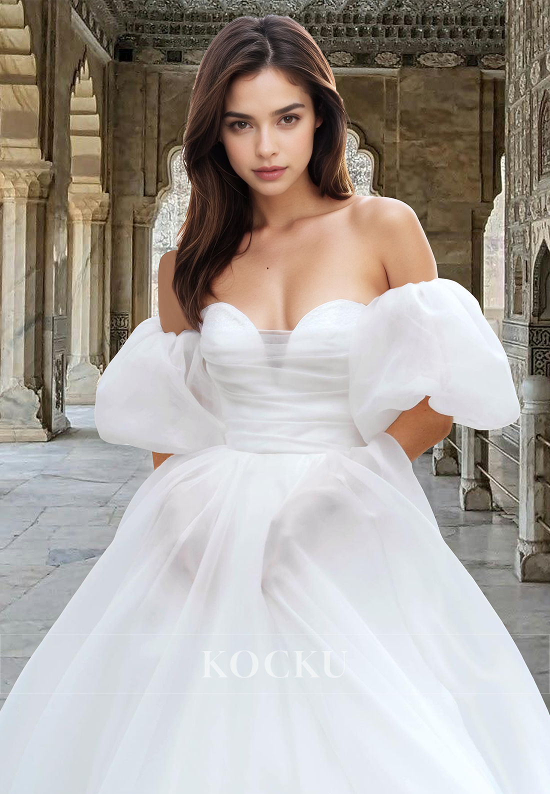 Classic Sweetheart A-Line Puff Sleeves Pleated Tulle Bridal Gown with Train Wedding Dress
