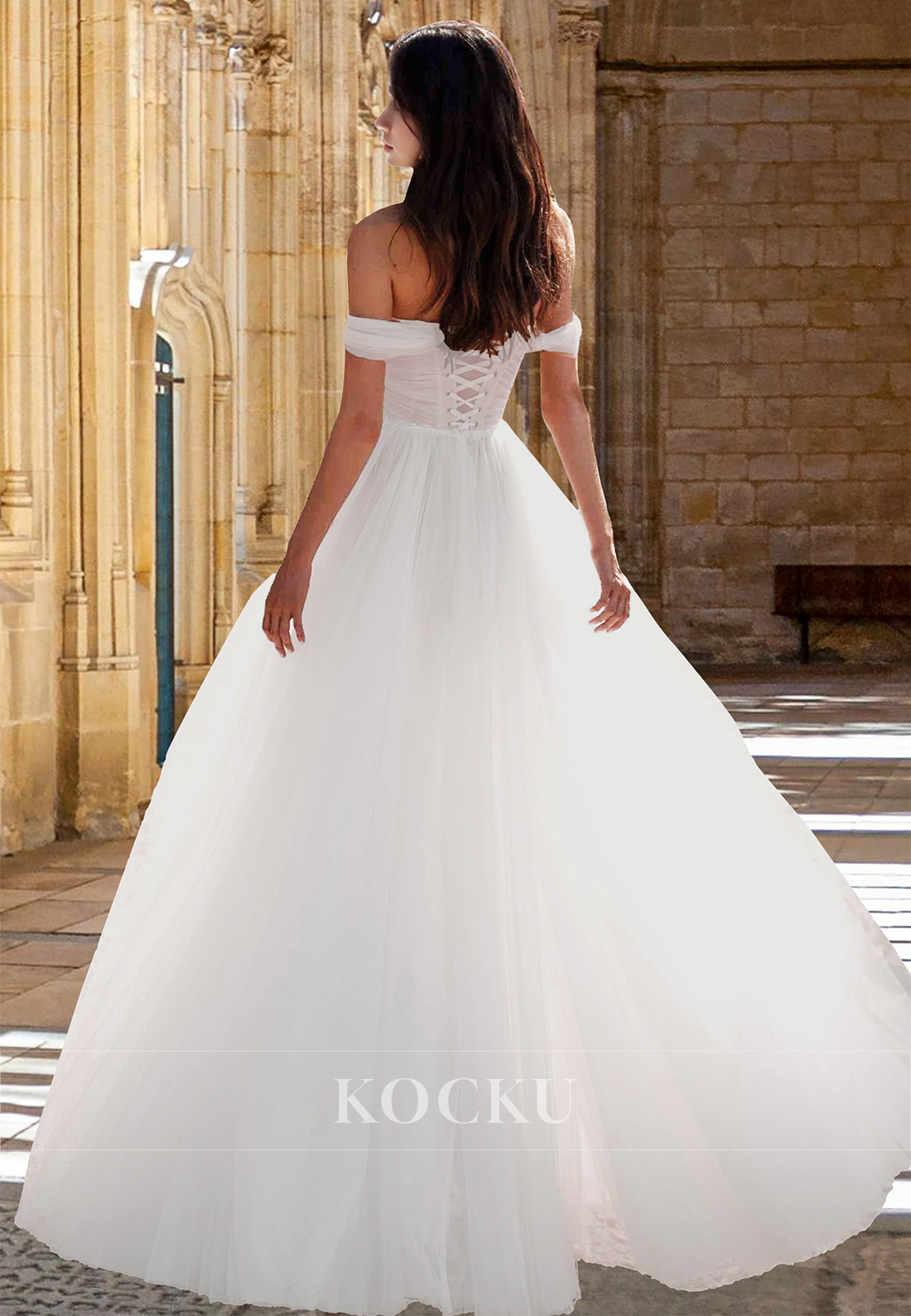 Bohomian Off-Shoulder A-Line Ruched Lace Long Beach Wedding Dress with Slit