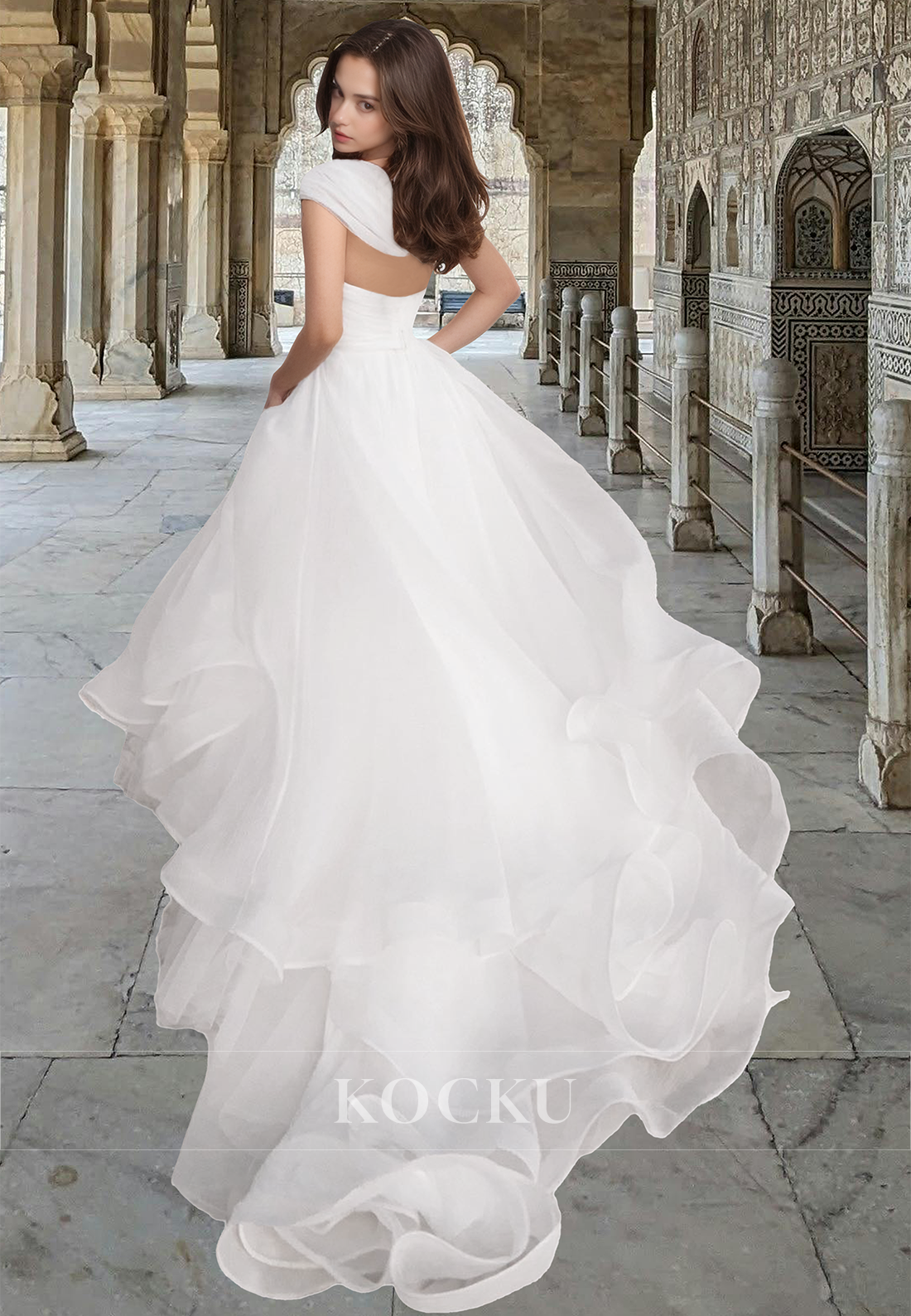 Elegant One Shoulder Sleeveless A-Line Pleated Lace Wedding Dress with Train Boho Gowns