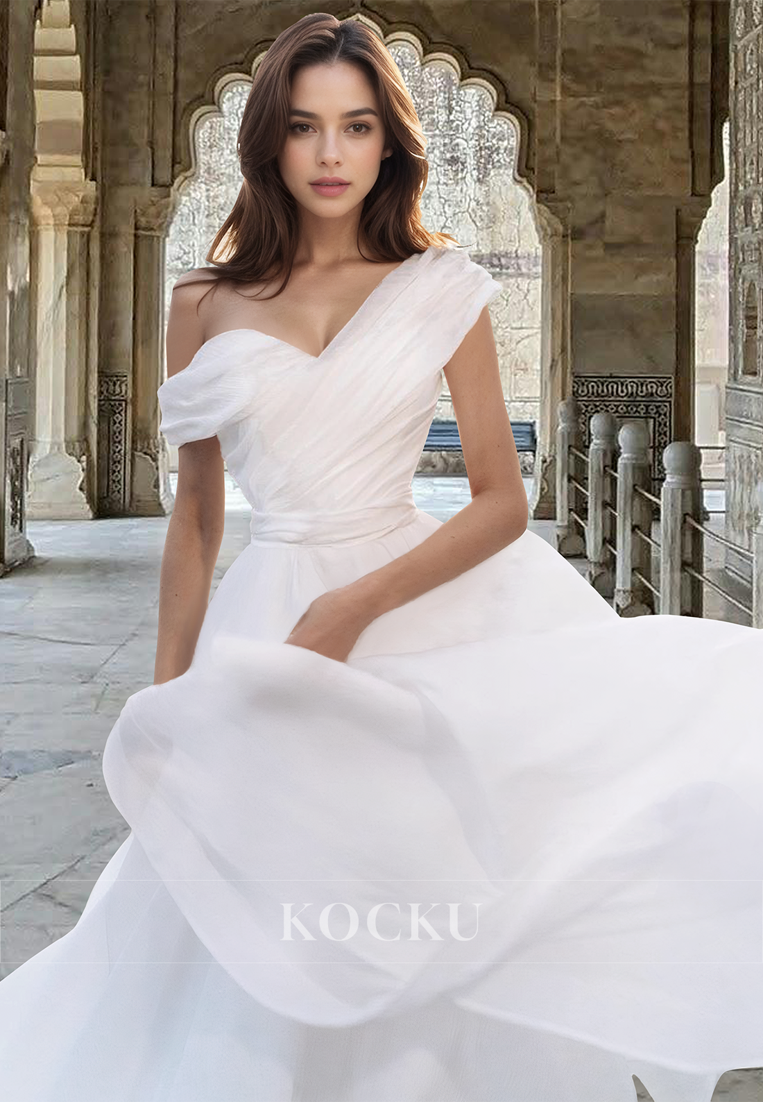 Elegant One Shoulder Sleeveless A-Line Pleated Lace Wedding Dress with Train Boho Gowns