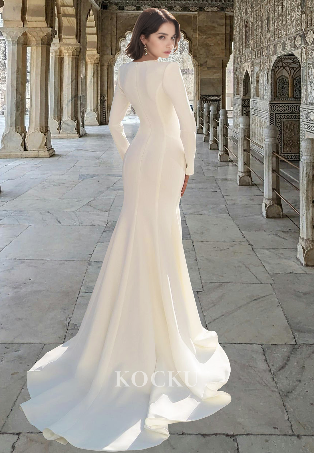Distinctive V-Neck Mermaid Long Sleeves Sweep Train Satin Wedding Dress Bridal Gown with Beads