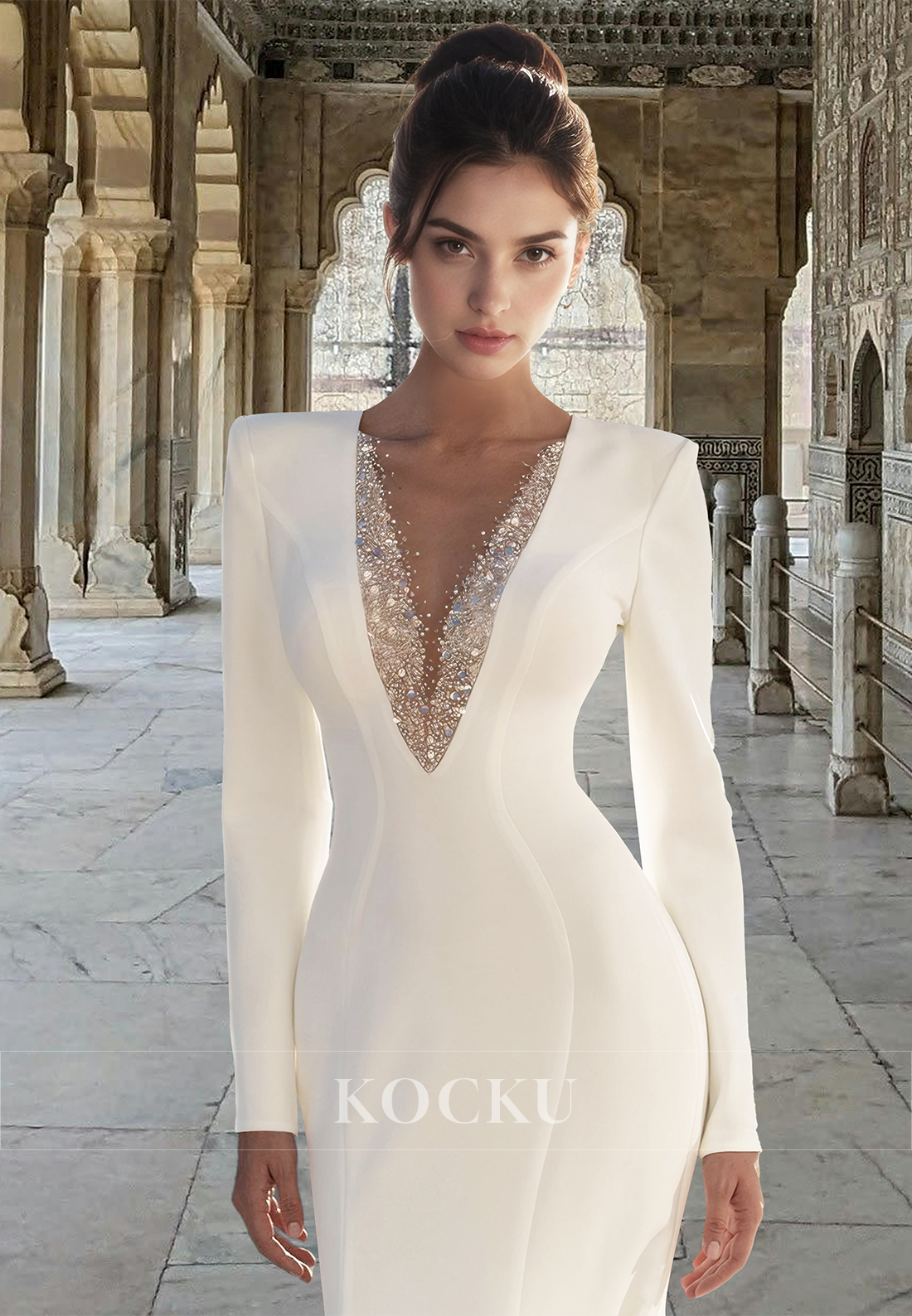 Distinctive V-Neck Mermaid Long Sleeves Sweep Train Satin Wedding Dress Bridal Gown with Beads