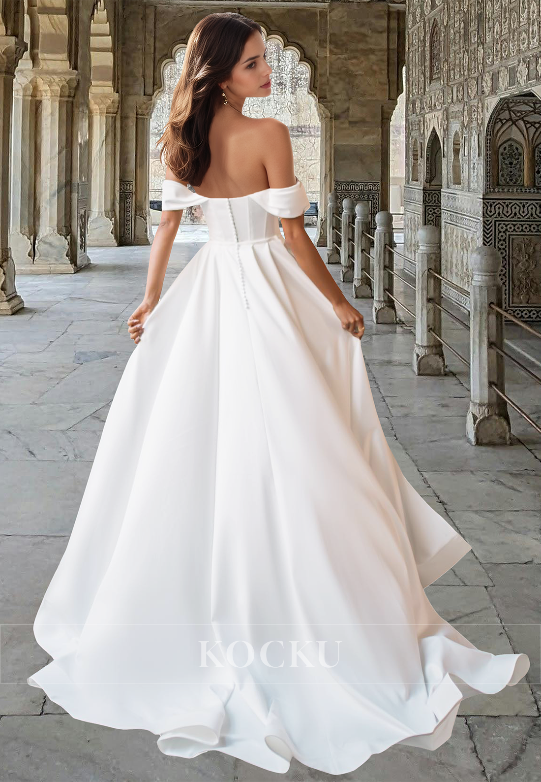 Classic Off-Shoulder Sheath High Split Satin Pleats Wedding Dress Bridal Gown with Overskirt
