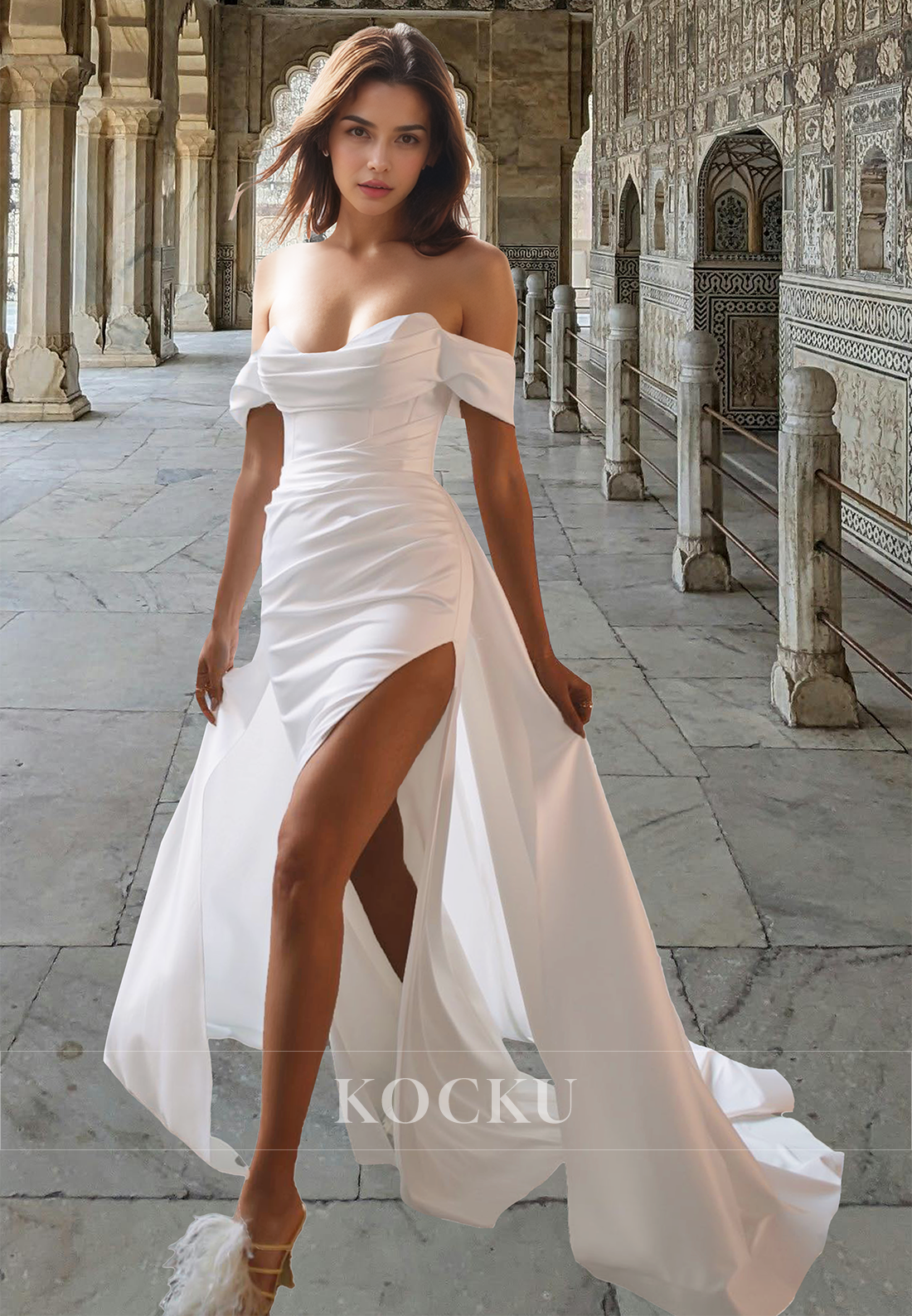 Classic Off-Shoulder Sheath High Split Satin Pleats Wedding Dress Bridal Gown with Overskirt