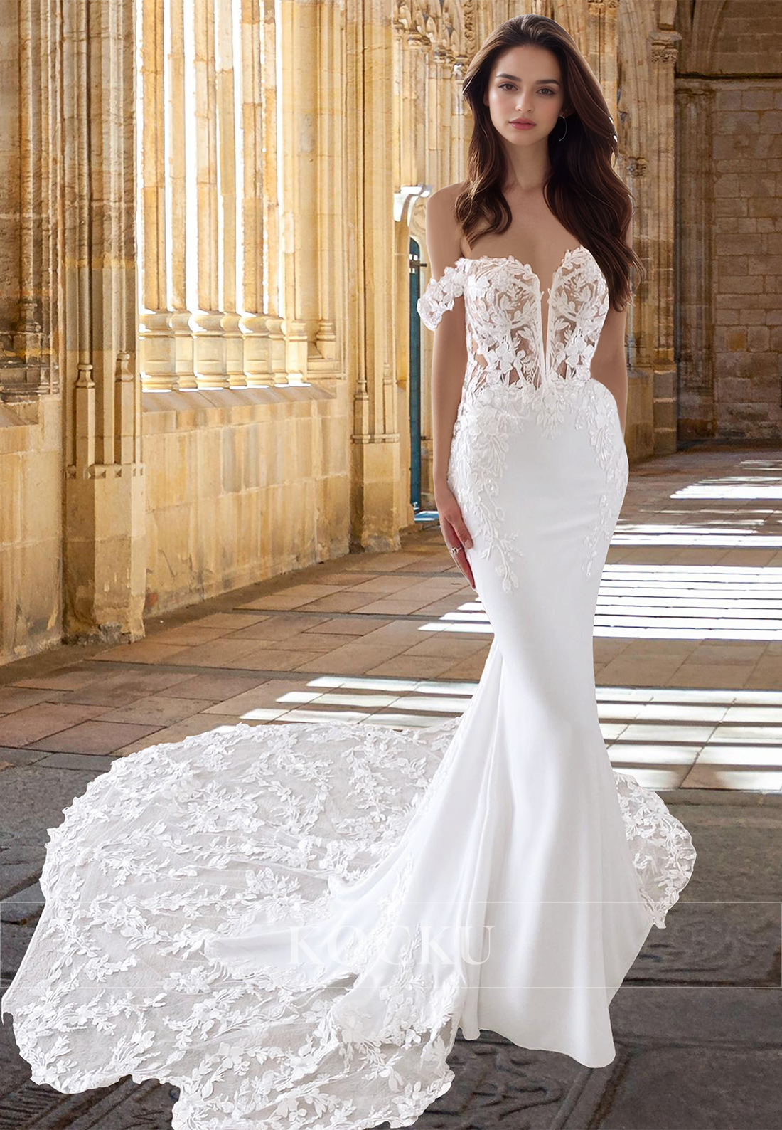 Off-Shoulder Mermaid Sleeveless Sweep Train Satin Wedding Dress Bridal Gowns with Appliques