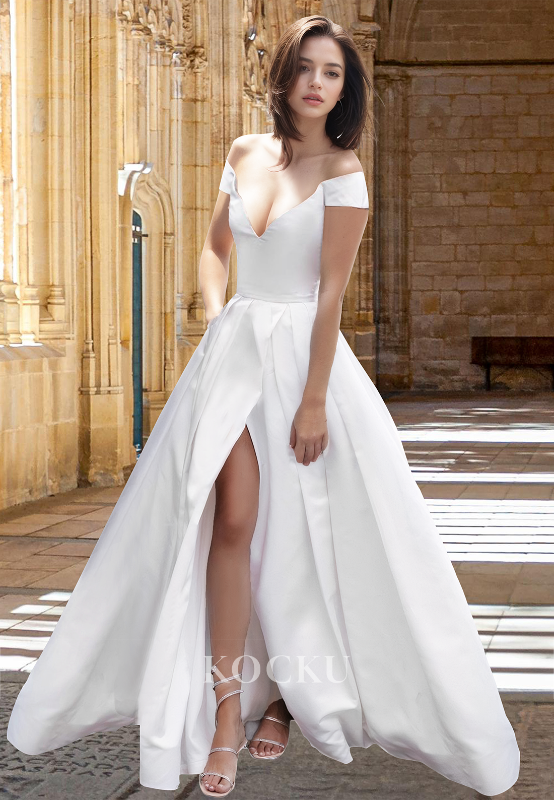 Elegant A-Line Off-Shoulder Sleeveless Long Pleated Satin Bridal Gowns with Slit Wedding Dress