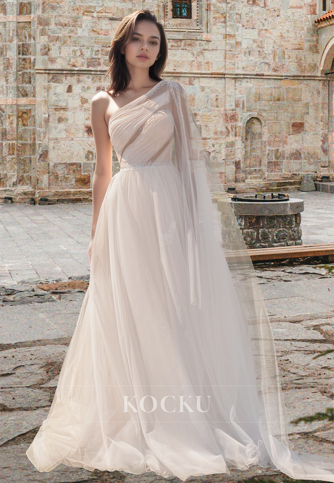 Beaded One Shoulder A-Line Pleated Lace Beach Wedding Dress Boho Gowns with Train