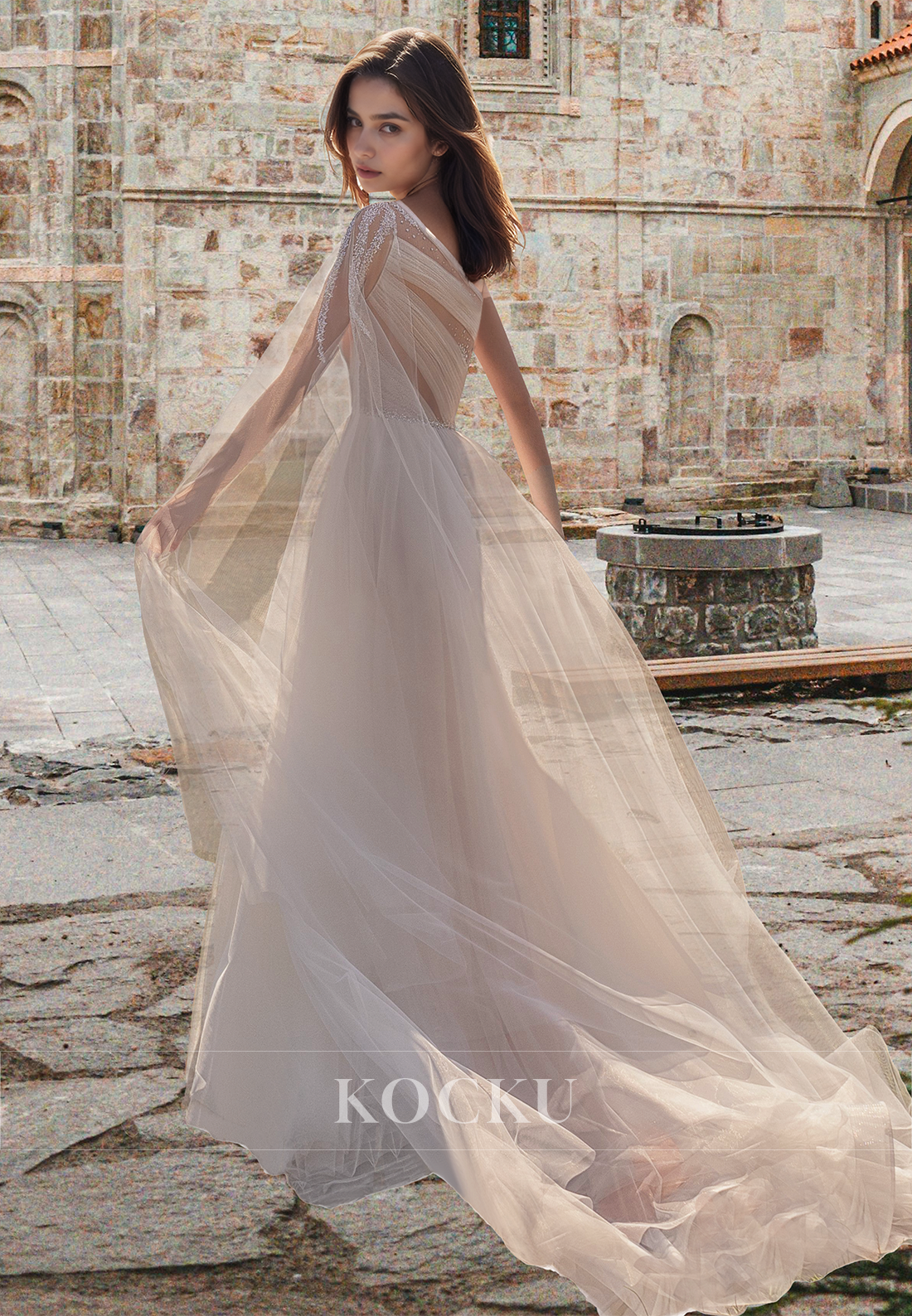 Beaded One Shoulder A-Line Pleated Lace Beach Wedding Dress Boho Gowns with Train