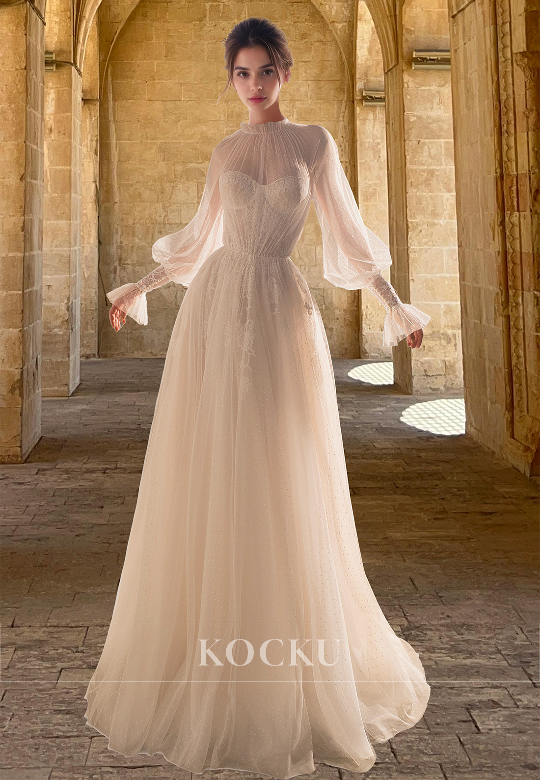 Elegant A-Line Long Sleeves Beaded Lace Appliques Beach Wedding Dress Boho Gown with Train