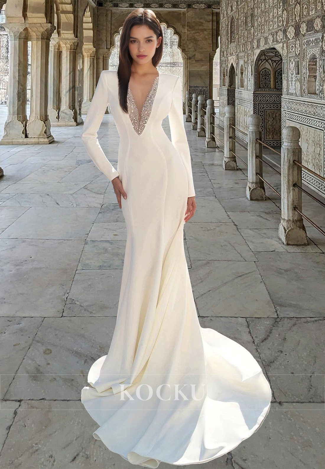 Distinctive V-Neck Mermaid Long Sleeves Sweep Train Satin Wedding Dress Bridal Gown with Beads